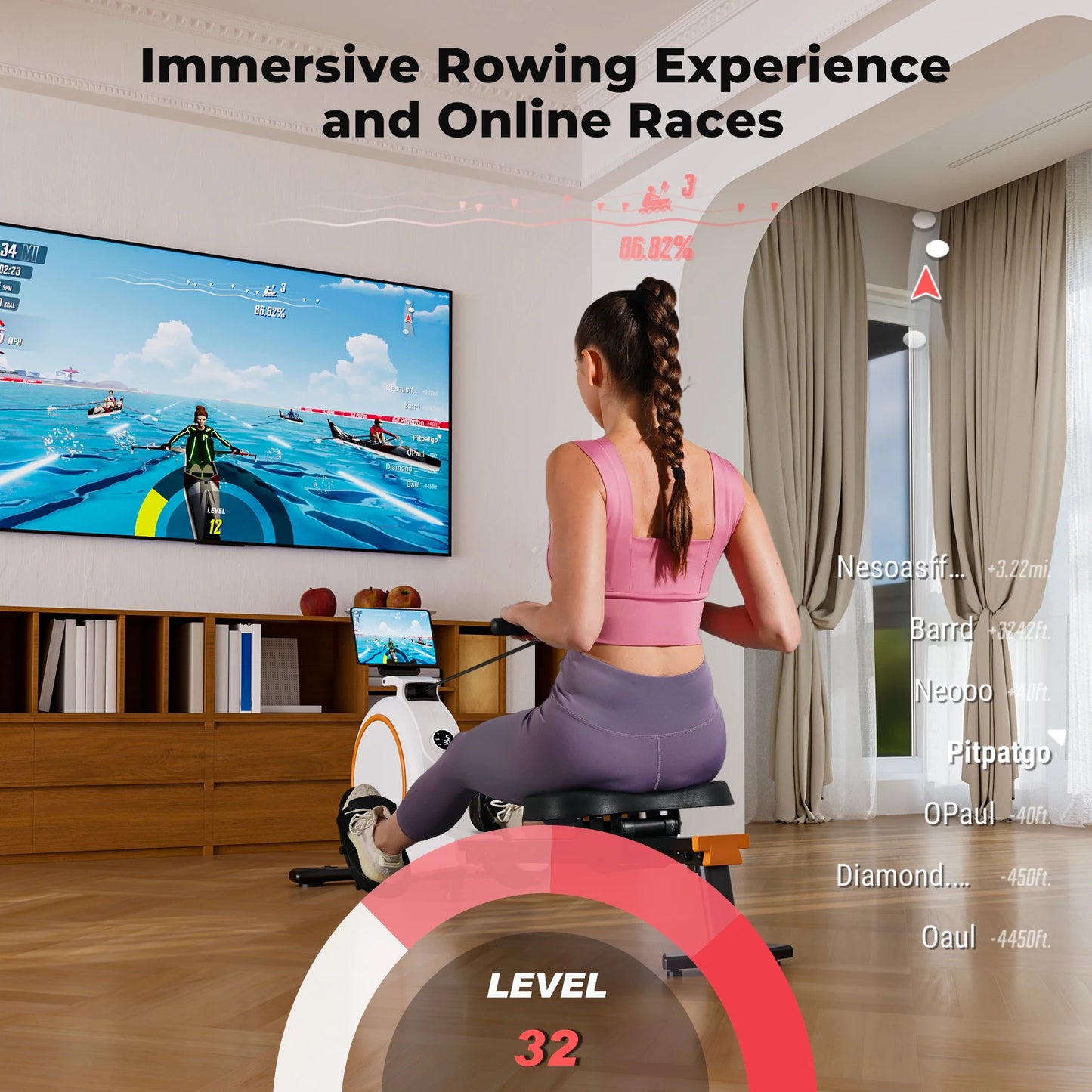 32Level Adjustable Resistance 300LBS Trainer Row Machine LED Monitor Tablet Holder Bluetooh Fitness Machine
