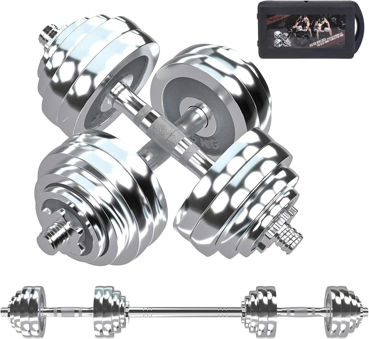 Fitness Dumbbells Set, Adjustable Weight Sets up to 44/66 lbs, with Metal Connecting Rod Used As Barbell