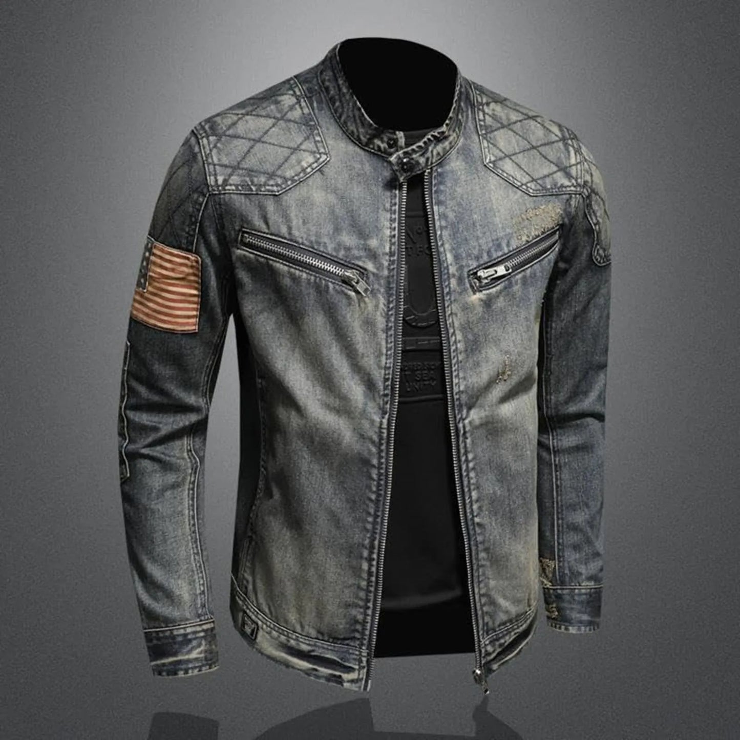 Vintage Denim Jacket With Zip Stand Up Cotton Slim Fit Denim Coat