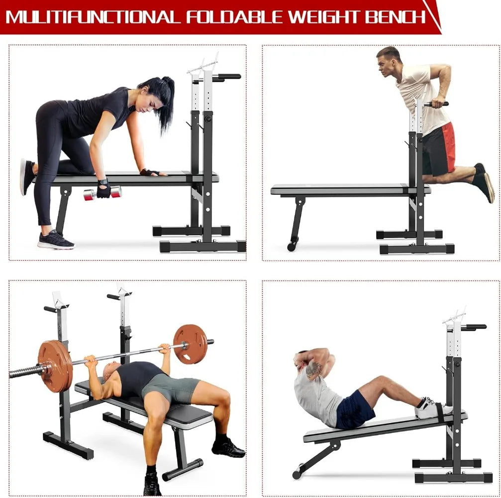 Adjustable Weight Bench Press with Squat Rack Folding Multi-Function Dip Station for Full Body Workout
