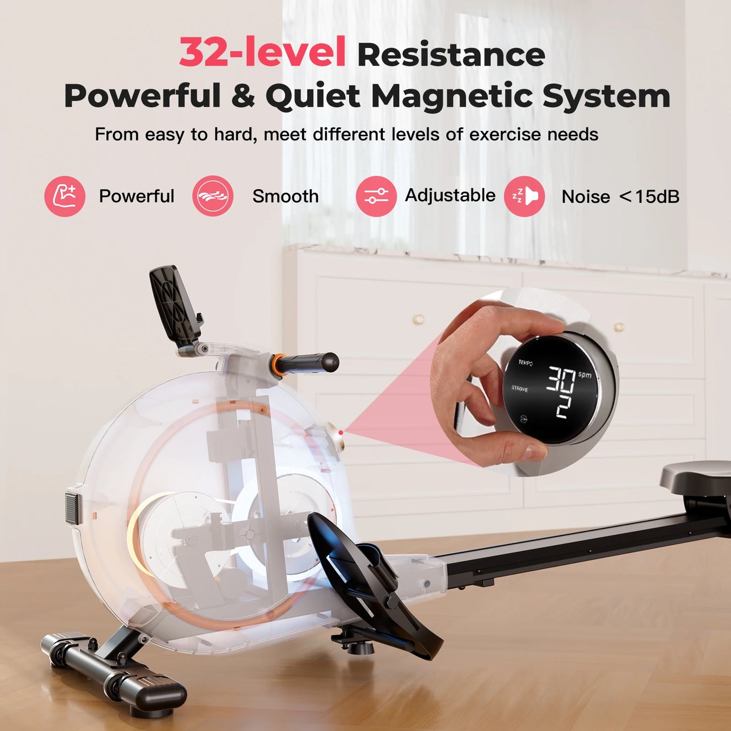 32Level Adjustable Resistance 300LBS Trainer Row Machine LED Monitor Tablet Holder Bluetooh Fitness Machine