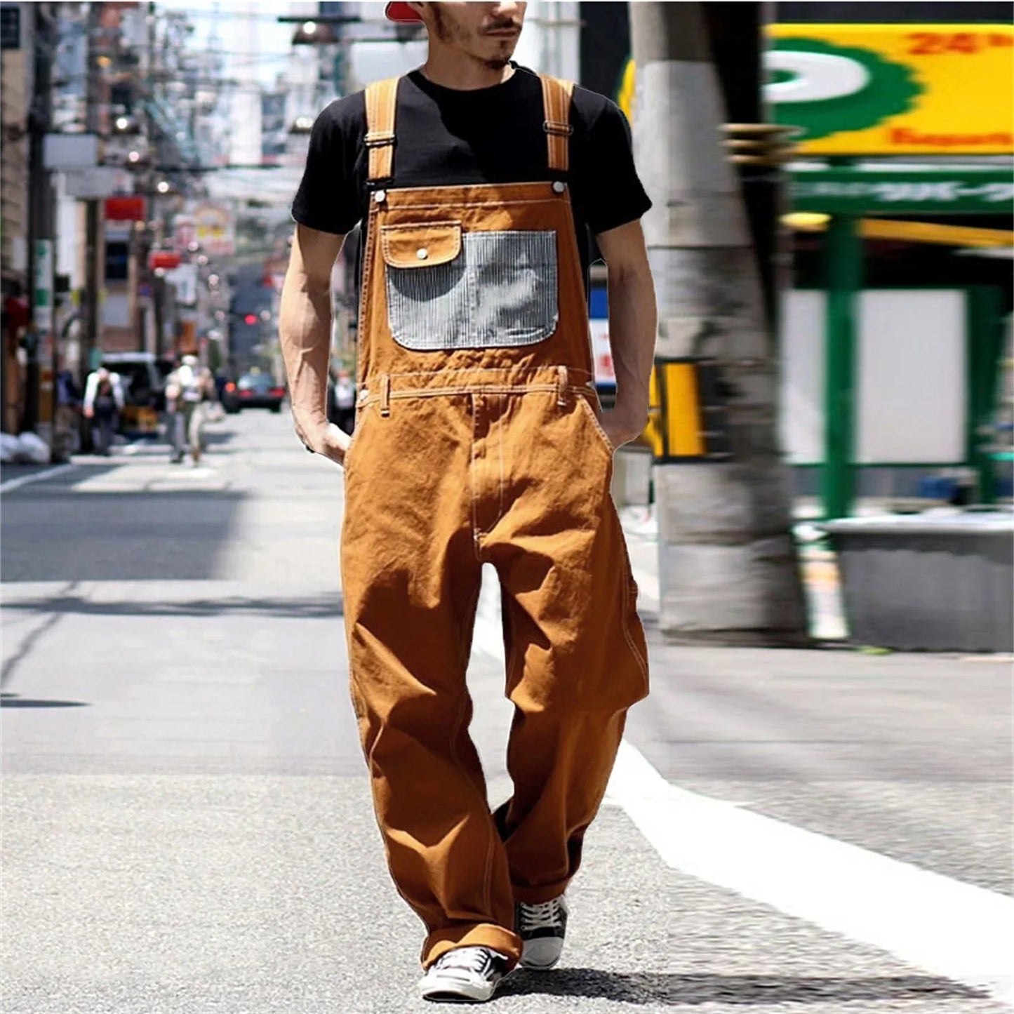 Men's Denim Bib Overalls Spring Summer Streetwear Casual Adjustable Straps Jumpsuit