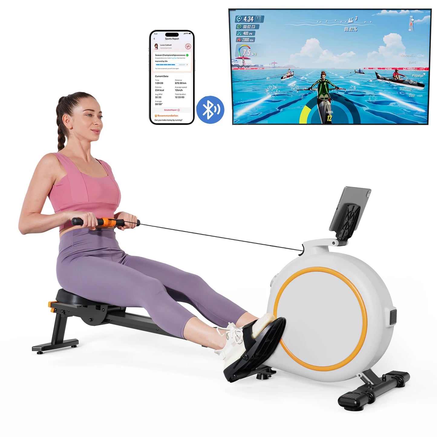 32Level Adjustable Resistance 300LBS Trainer Row Machine LED Monitor Tablet Holder Bluetooh Fitness Machine