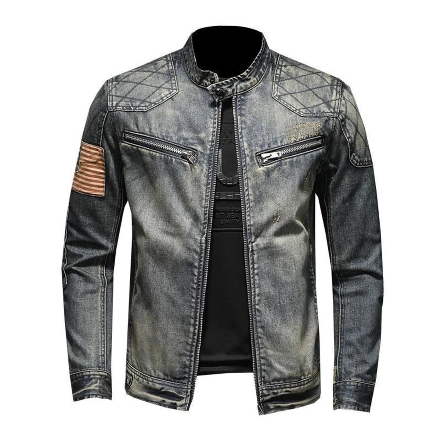 Vintage Denim Jacket With Zip Stand Up Cotton Slim Fit Denim Coat
