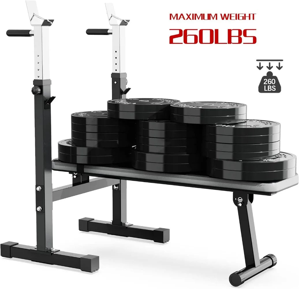 Adjustable Weight Bench Press with Squat Rack Folding Multi-Function Dip Station for Full Body Workout