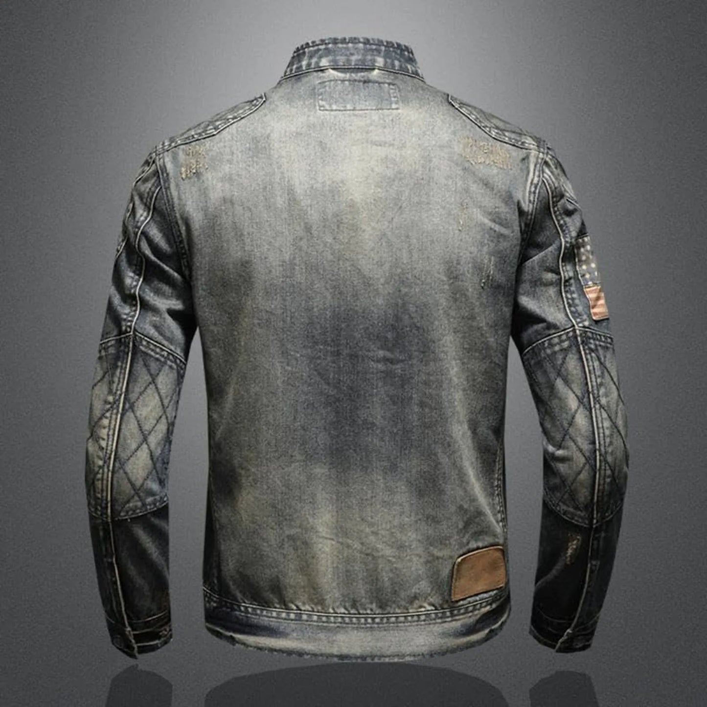 Vintage Denim Jacket With Zip Stand Up Cotton Slim Fit Denim Coat
