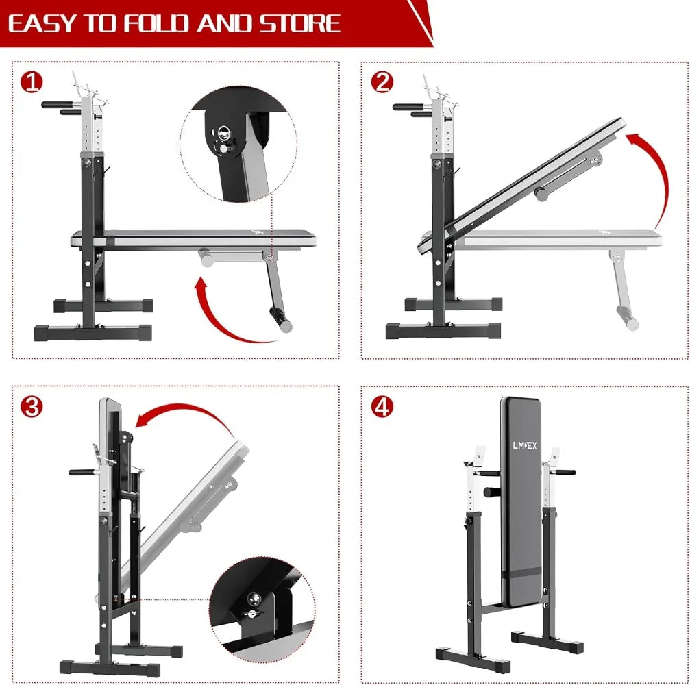 Adjustable Weight Bench Press with Squat Rack Folding Multi-Function Dip Station for Full Body Workout