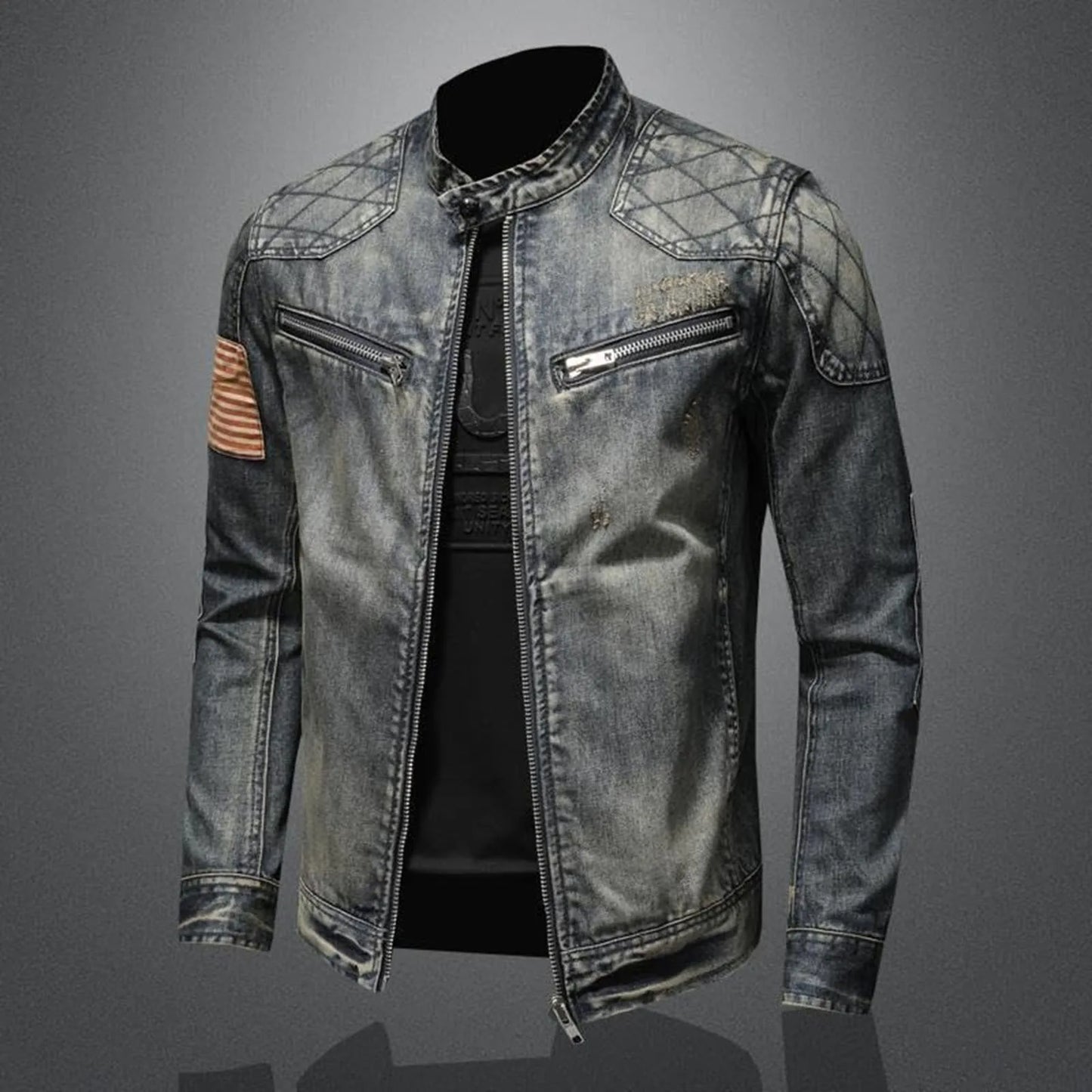 Vintage Denim Jacket With Zip Stand Up Cotton Slim Fit Denim Coat