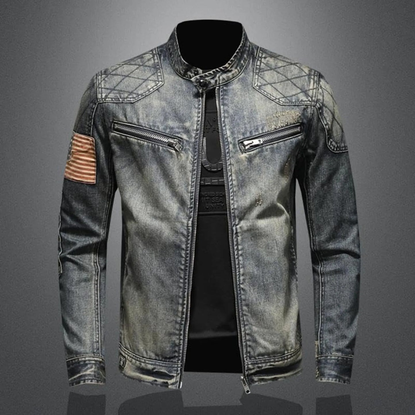 Vintage Denim Jacket With Zip Stand Up Cotton Slim Fit Denim Coat