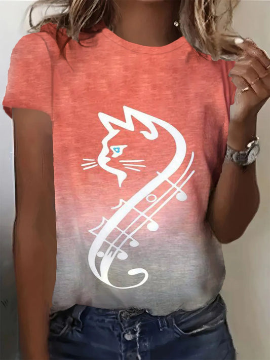 Women's Casual Cat Print T-Shirt - Short Sleeve Crew Neck, Soft Polyester Blend, Perfect for Spring & Summer