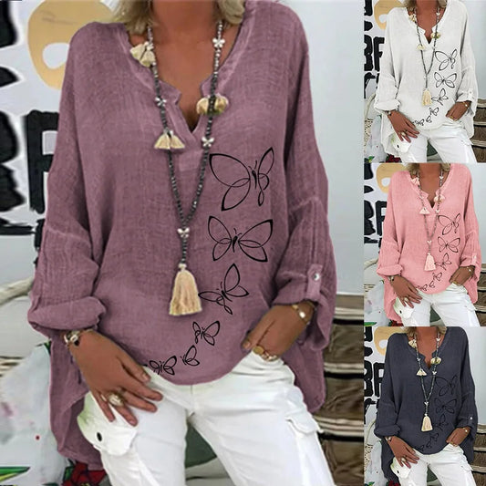 Long Sleeve Women Blouse Butterfly Print Spring Shirt