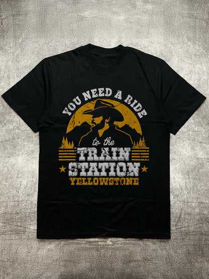 200g Cotton Crew - Neck Short Sleeves, Men's Black T-Shirt with Fun Yellowstone
