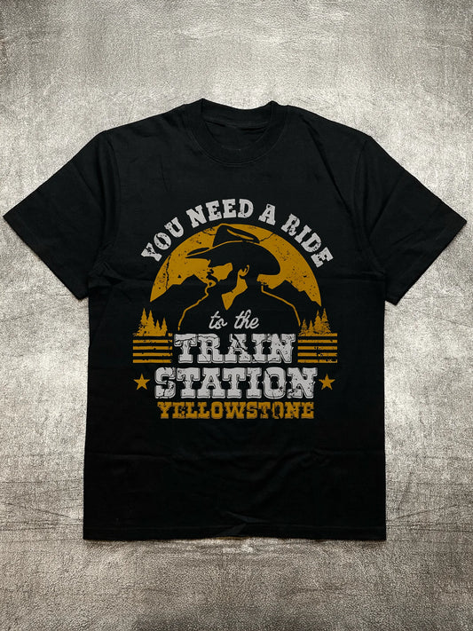 200g Cotton Crew - Neck Short Sleeves, Men's Black T-Shirt with Fun Yellowstone