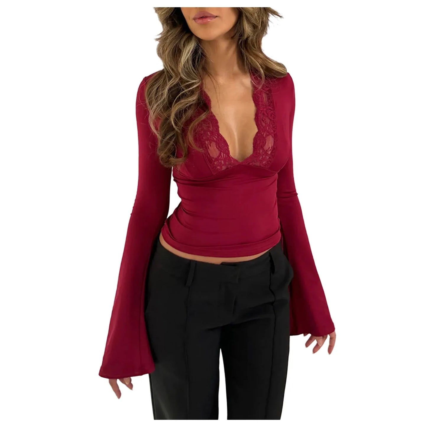 Sexy Women's Long Sleeve Slim V-Neck Splicing Lace Top