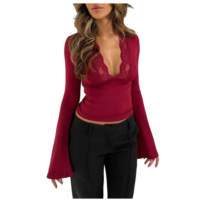 Sexy Women's Long Sleeve Slim V-Neck Splicing Lace Top