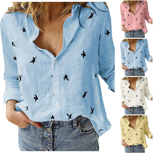 Women Fashion Cotton Linen Shirts 2025 Spring Summer Bird Printing Casual