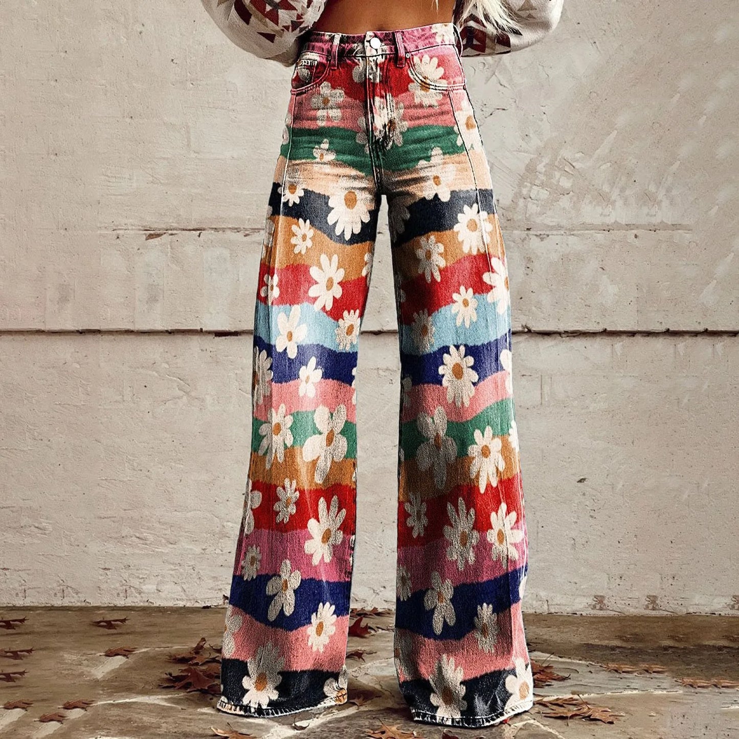 Womens Vintage Wide Leg imitation Jeans High Waisted Casual Pants 90s Floral Printed Trousers