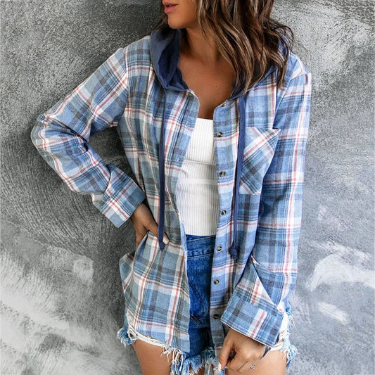 Spring Autumn Plaid Shirt Blouses Women Hooded Button Up Shirt