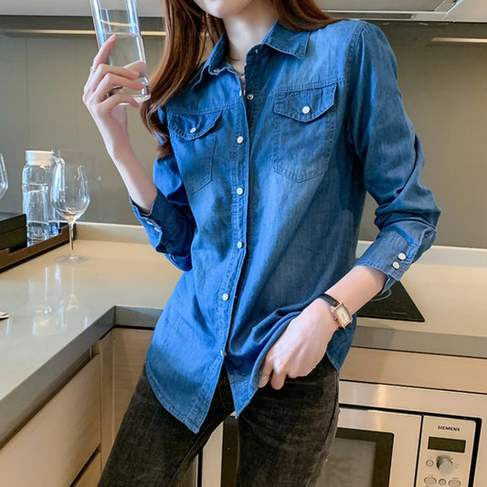 Autumn Spring Denim Shirts Ladies Lapel Neck New Chic Cotton Blouses