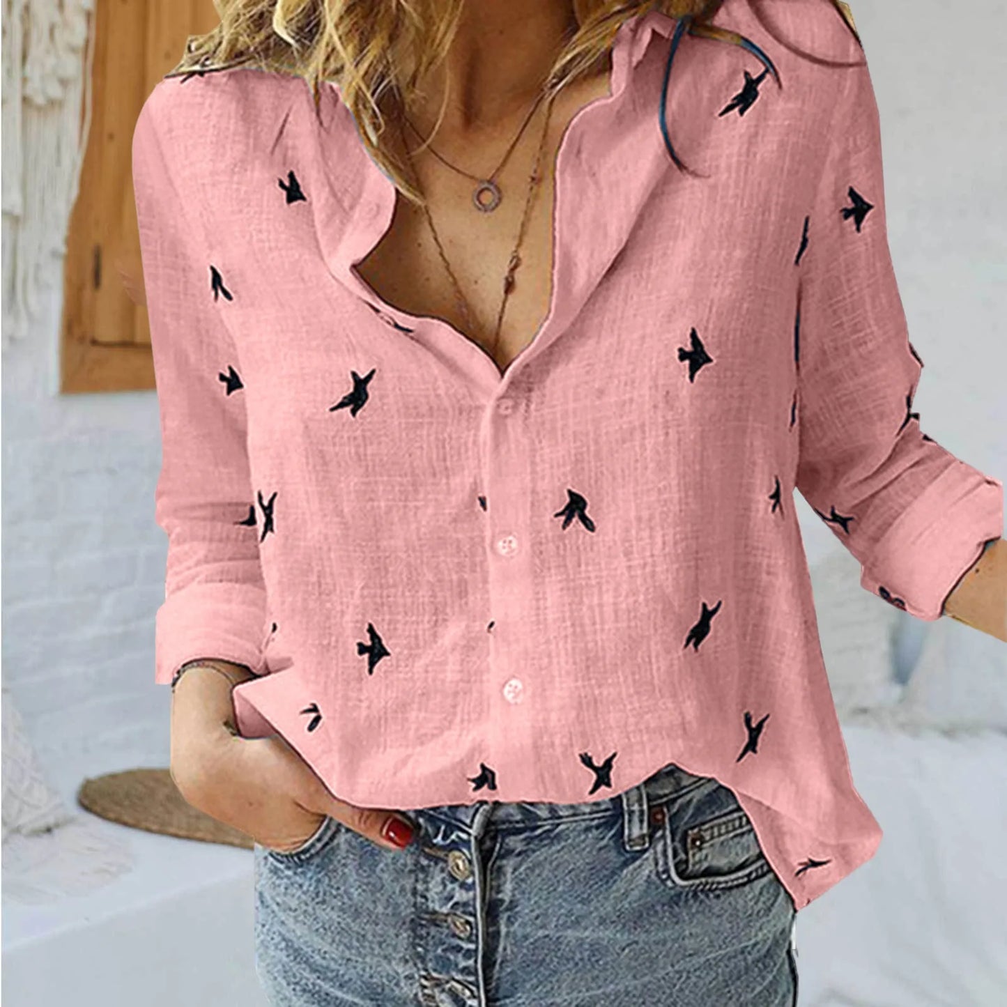 Women Fashion Cotton Linen Shirts 2025 Spring Summer Bird Printing Casual