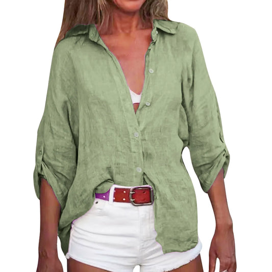 Spring Summer Casual Shirts Women's 3/4 Sleeve Large Size Lapel Cotton Linen Blouse