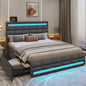 LED Bed Frame w 4 Drawers and 2 USB Charging Station, Upholstered Platform Bed Frame w LED Lights Headboard Footboard