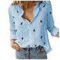 Women Fashion Cotton Linen Shirts 2025 Spring Summer Bird Printing Casual