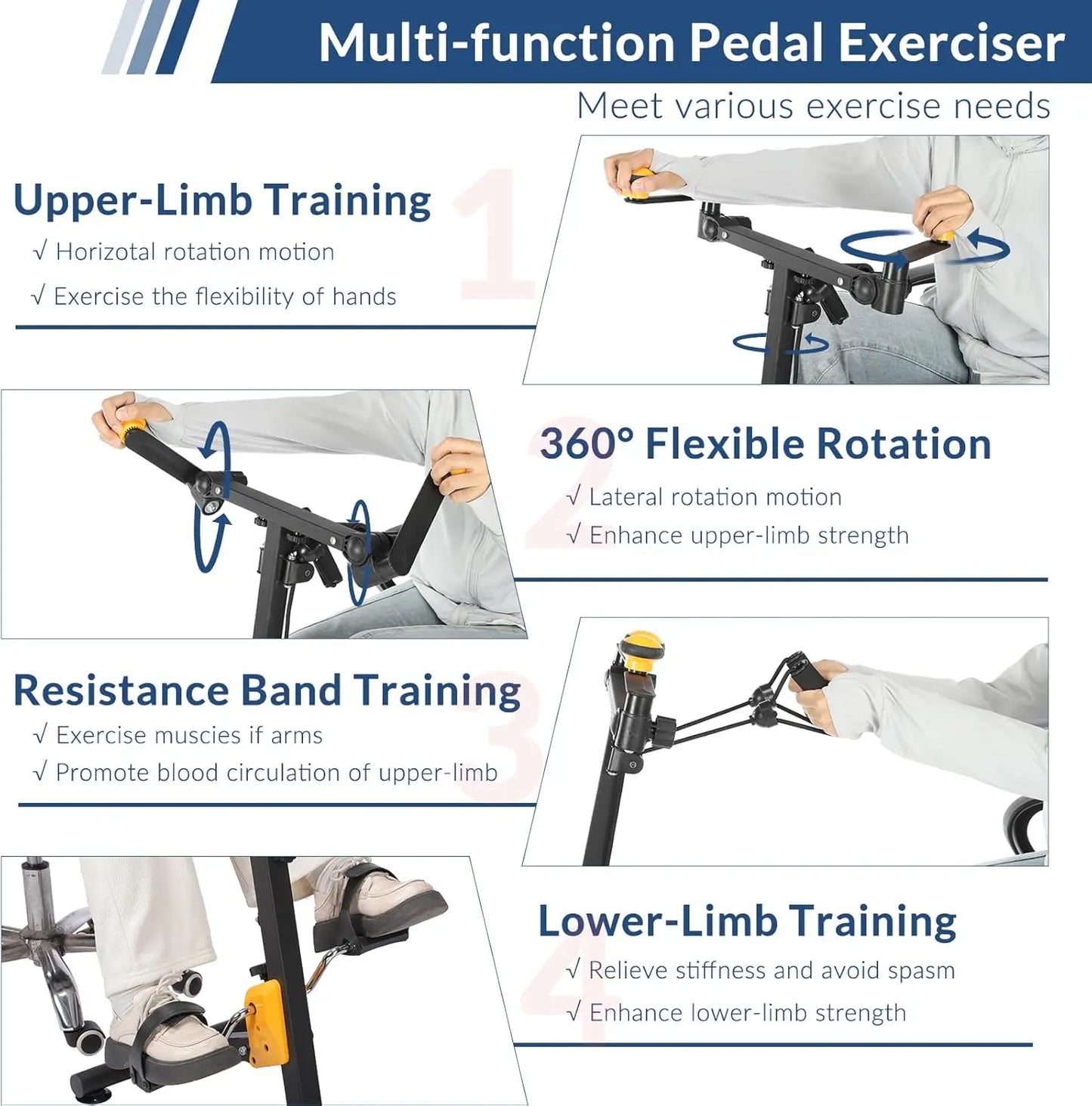 Pedal Exerciser for Elderly, Hand Arm Leg and Knee Exercise Bike, Adjustable Fitness Equipment