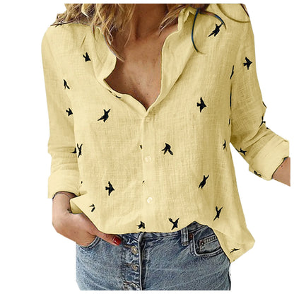 Women Fashion Cotton Linen Shirts 2025 Spring Summer Bird Printing Casual