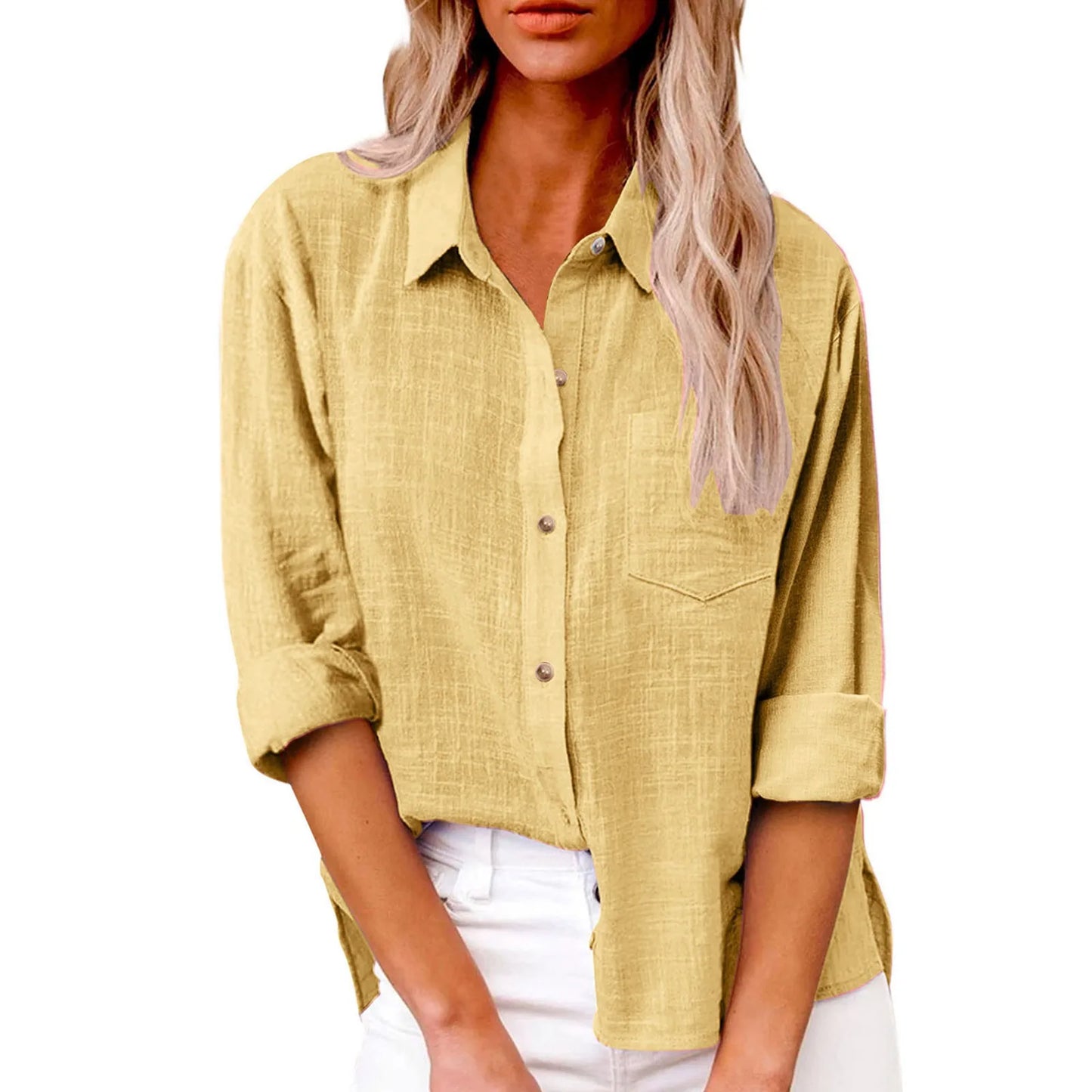 Ladies Casual Spring Summer Lapel Tie Pocket Long Sleeve Shirt