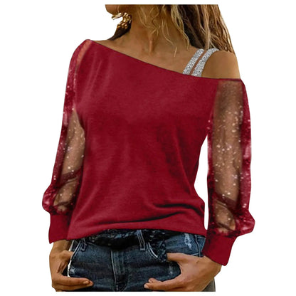 T shirt Sexy Lace Mesh Long Sleeve Tops Casual Strap Elegant Blouse