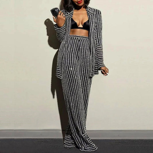Striped Printing Clothes For Women 2 Piece Set Casual Loose Cardigan