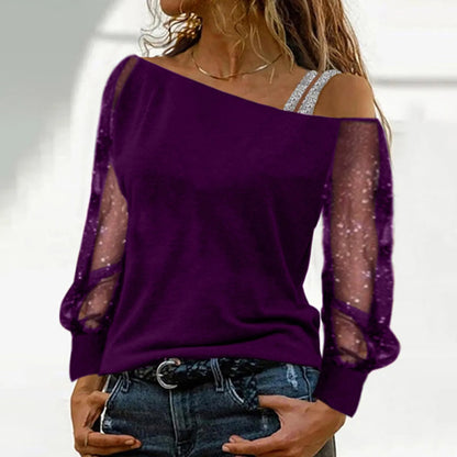 T shirt Sexy Lace Mesh Long Sleeve Tops Casual Strap Elegant Blouse