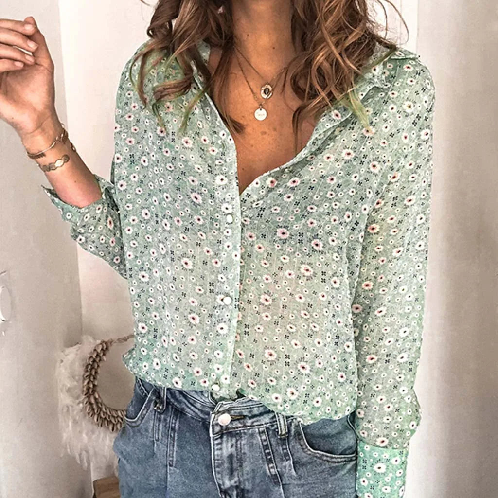Women Floral Print V Neck Long Sleeve Blouse