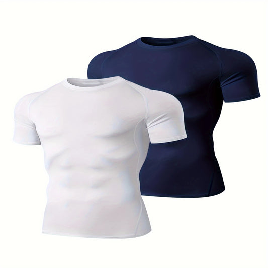 2pcs Compression Shirts, Men Short/Long Sleeve Baselayer, Active Mid Stretch Undershirt