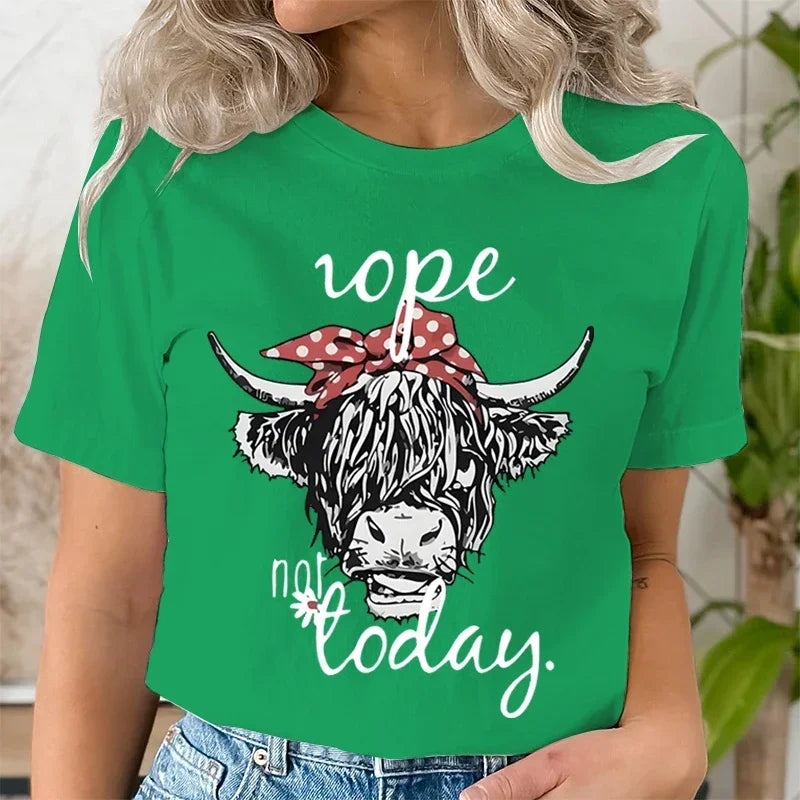 Cute Women's Funny T-Shirt with Hairy Scottish Highland Cow Graphic