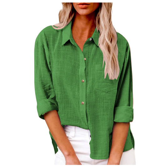 Ladies Casual Spring Summer Lapel Tie Pocket Long Sleeve Shirt
