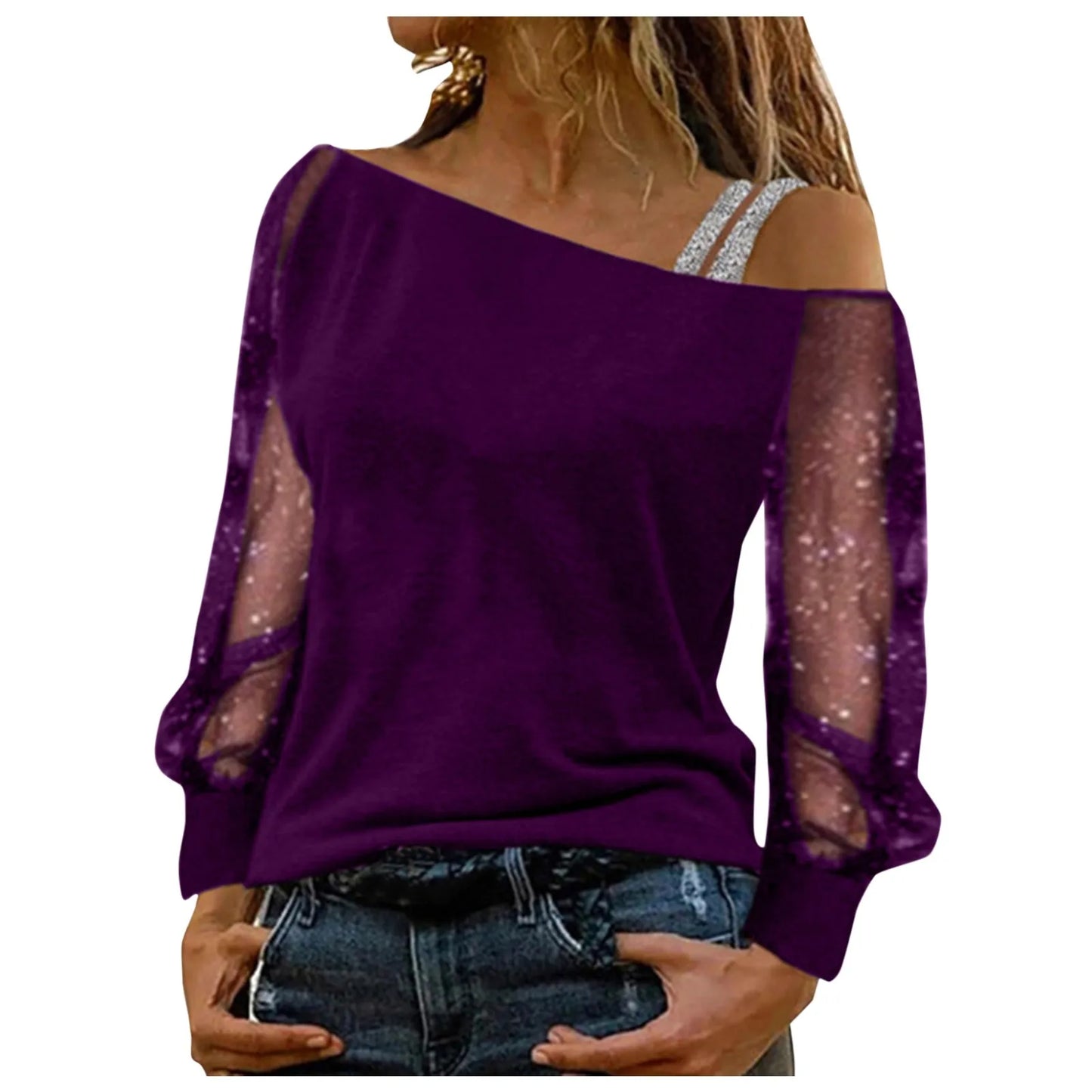 T shirt Sexy Lace Mesh Long Sleeve Tops Casual Strap Elegant Blouse