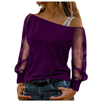 T shirt Sexy Lace Mesh Long Sleeve Tops Casual Strap Elegant Blouse