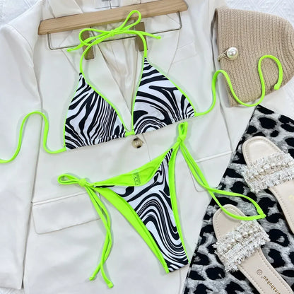 Sexy Zebra Print Bikini Women 2-piece Triangle Bag Swimsuit Fluorescent Bandage Backless Bathing Suit Low Waist