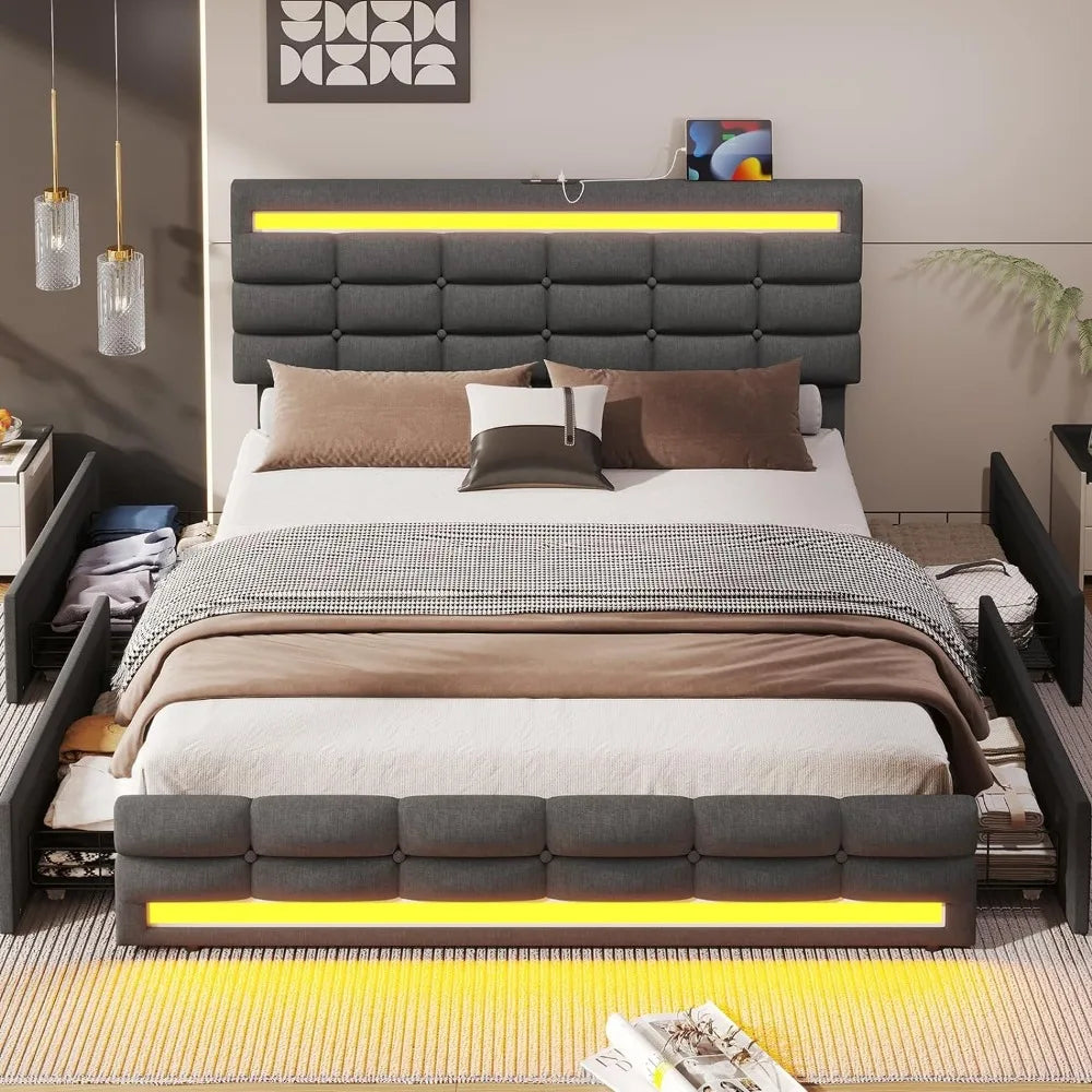 LED Bed Frame w 4 Drawers and 2 USB Charging Station, Upholstered Platform Bed Frame w LED Lights Headboard Footboard