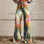 Womens Vintage Wide Leg imitation Jeans High Waisted Casual Pants 90s Floral Printed Trousers
