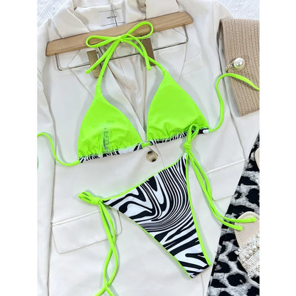 Sexy Zebra Print Bikini Women 2-piece Triangle Bag Swimsuit Fluorescent Bandage Backless Bathing Suit Low Waist