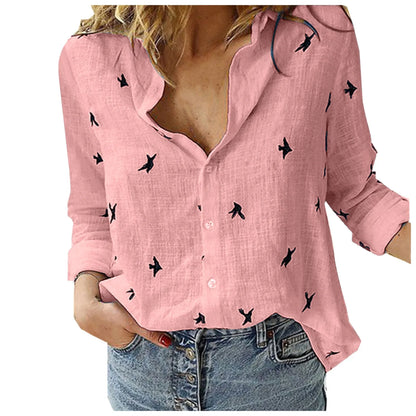 Women Fashion Cotton Linen Shirts 2025 Spring Summer Bird Printing Casual
