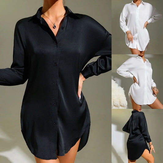 Women'S Shirts Office Lady Blouse Ice Silk Pajamas Button Up Long Sleeve