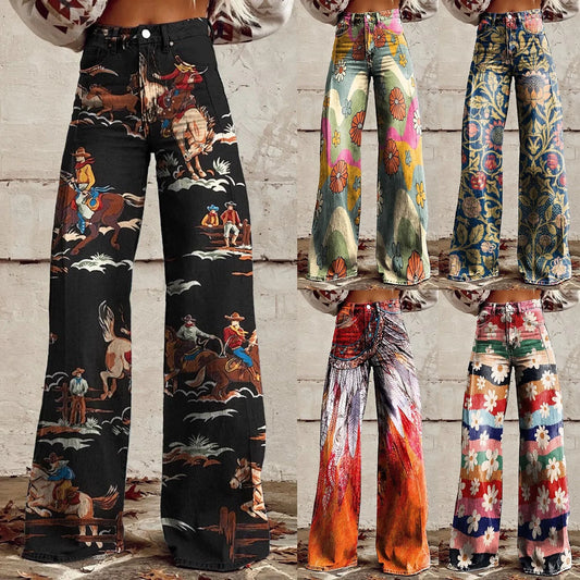 Womens Vintage Wide Leg imitation Jeans High Waisted Casual Pants 90s Floral Printed Trousers