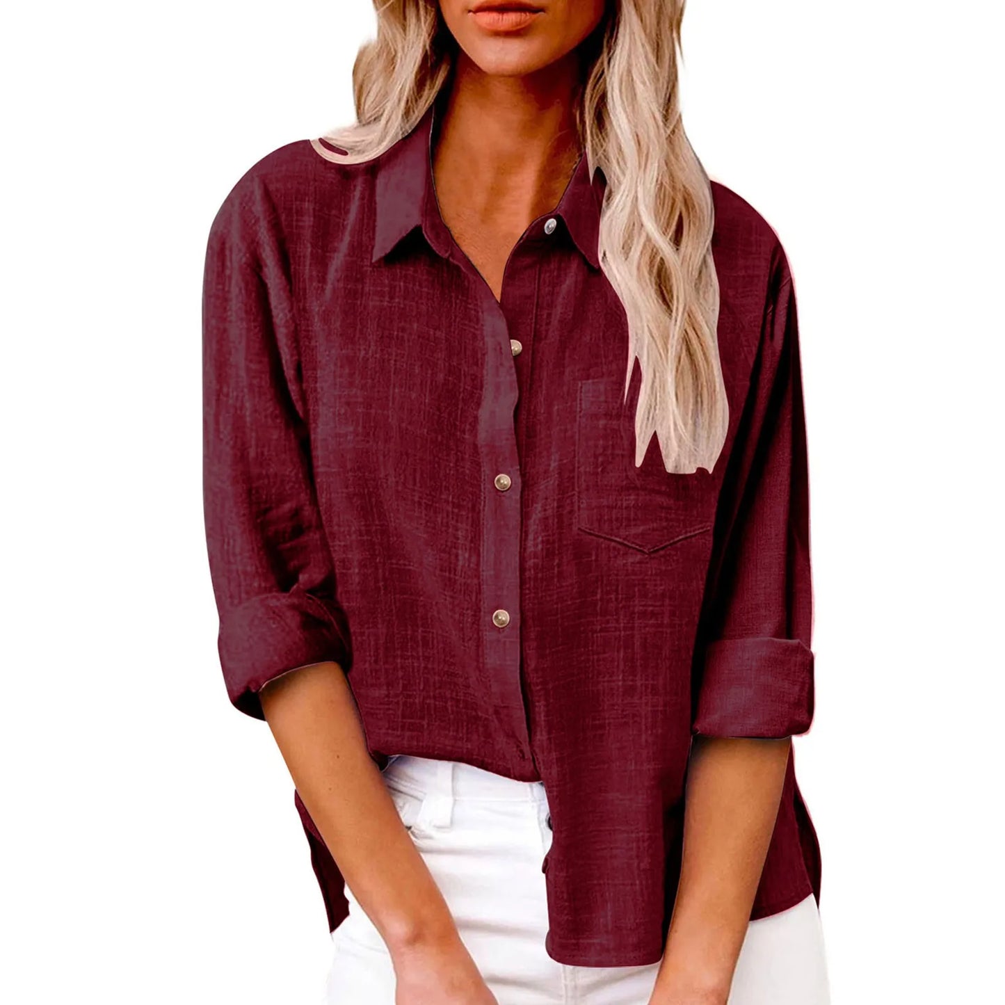 Ladies Casual Spring Summer Lapel Tie Pocket Long Sleeve Shirt