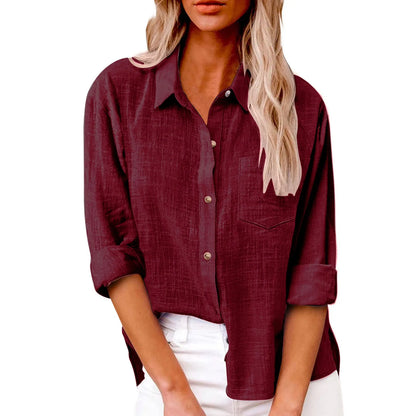 Ladies Casual Spring Summer Lapel Tie Pocket Long Sleeve Shirt