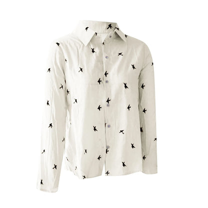 Women Fashion Cotton Linen Shirts 2025 Spring Summer Bird Printing Casual