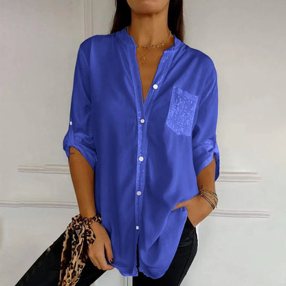Women Casual Sequin Beaded Shirts Long Sleeve Vintage Shirt